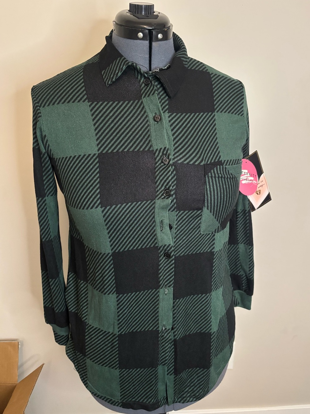 BeMaternity Green and Black Buffalo Check Button-Down Shirt